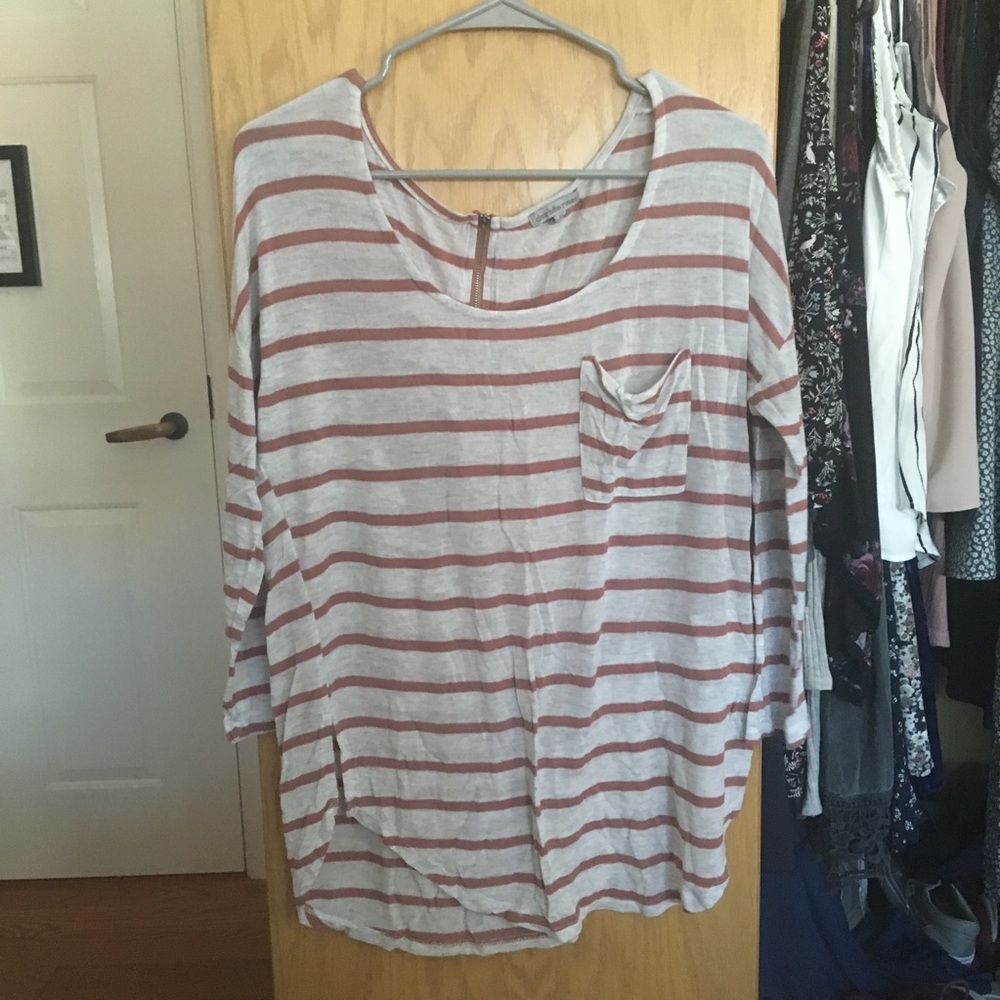 Striped Tan and Burnt Orange 3/4 Sleeve Top